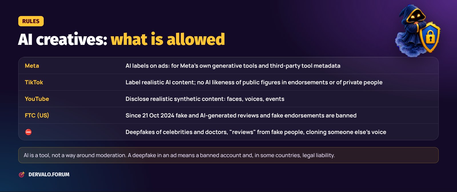 Rules for AI creatives: Meta, TikTok, YouTube, FTC — what to label and what is banned