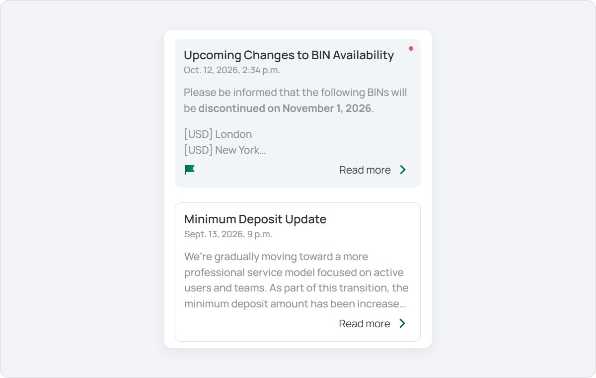 FlexCard update feed: London and New York BINs discontinued on November 1, 2026 and minimum deposit increase