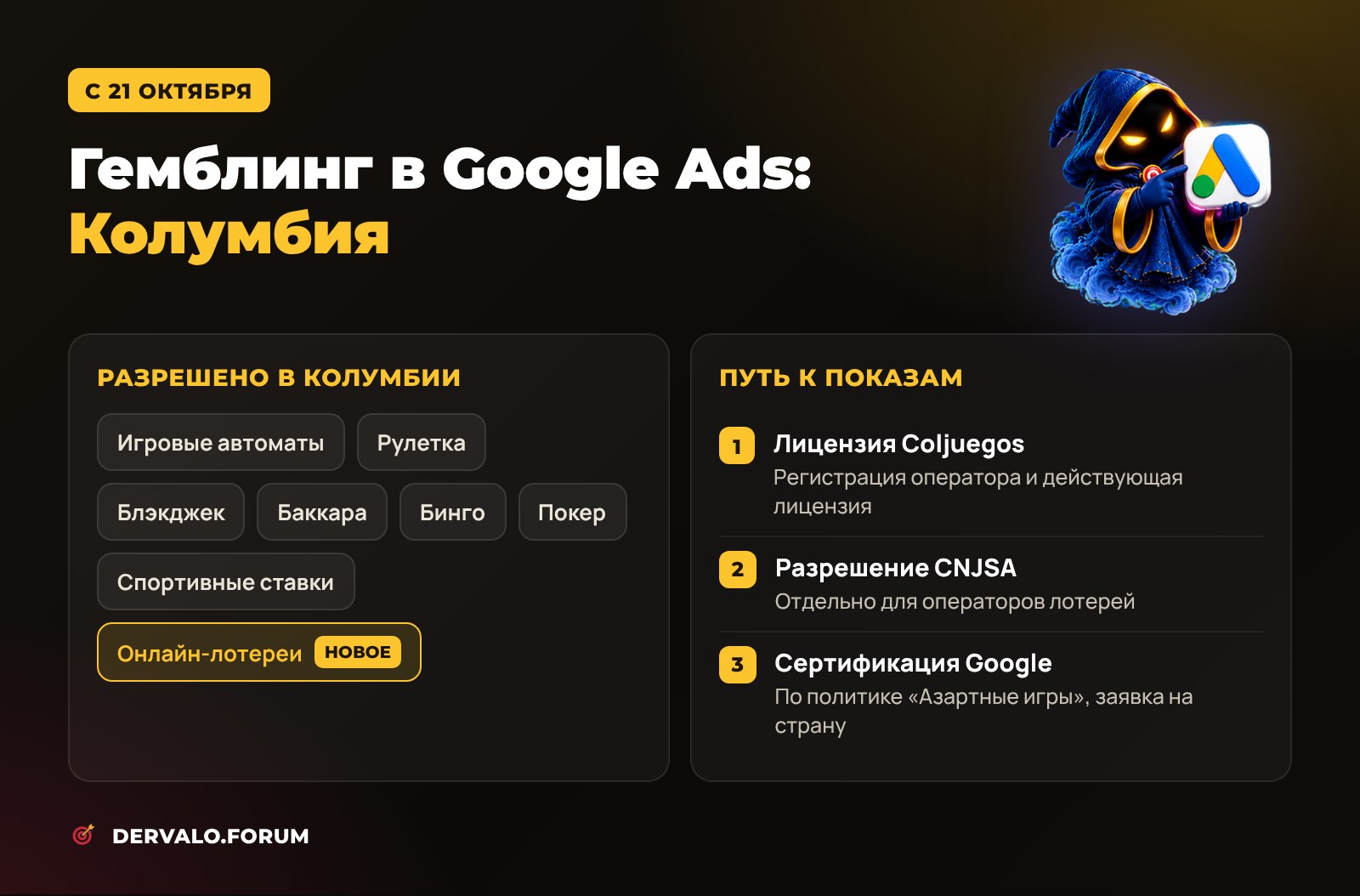 Гемблинг в Google Ads в Колумбии с 21 октября 2026: разрешённые категории, новые онлайн-лотереи, лицензия Coljuegos, разрешение CNJSA и сертификация Google