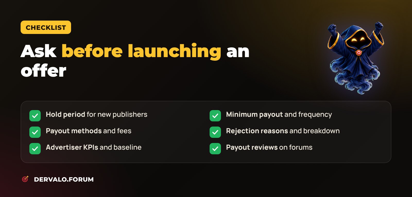 Checklist of questions to ask an affiliate network about hold and payouts before launching an offer