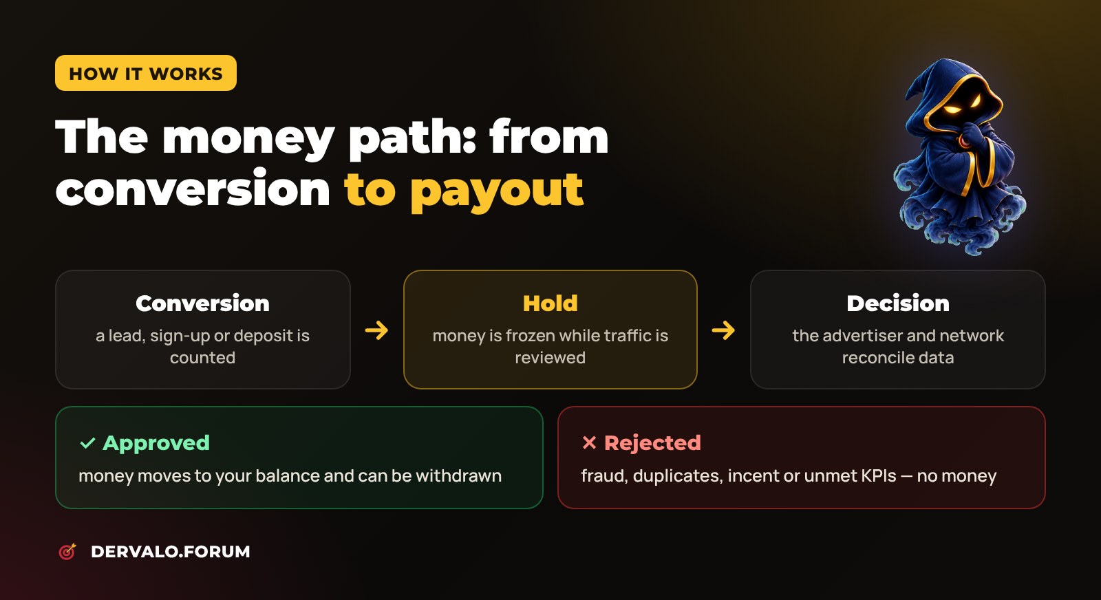How a hold works at a CPA network: conversion, traffic review, approval or rejection and payout