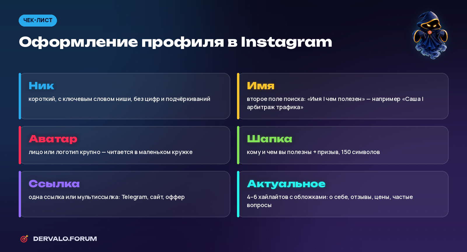 Чек-лист оформления профиля Instagram: ник, имя, аватар, шапка, ссылка, актуальное