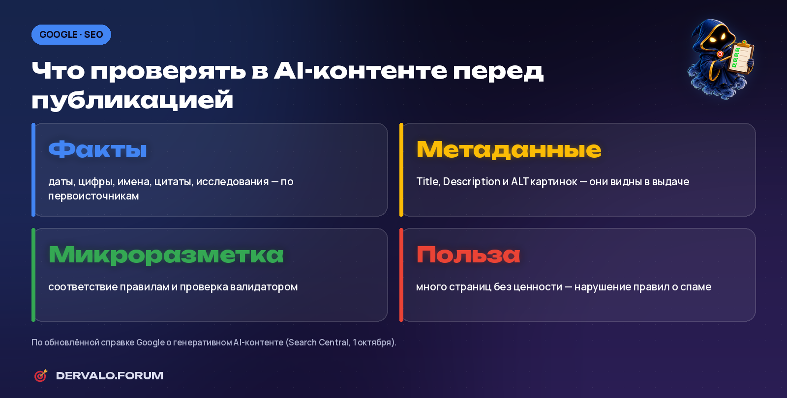 Что проверять в AI-контенте перед публикацией по рекомендациям Google: факты, метаданные, микроразметка, польза
