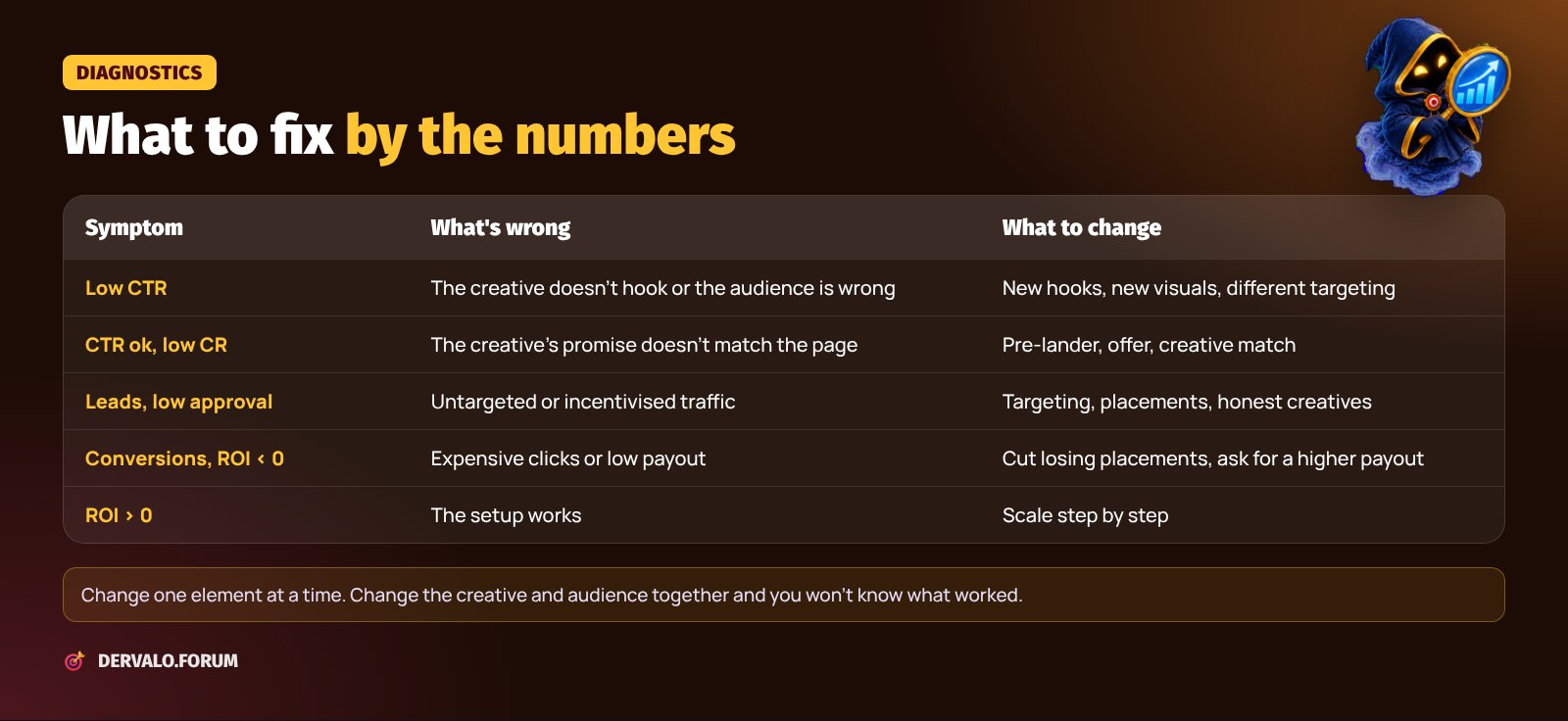 Setup diagnostics by the numbers: CTR, CR, approval, ROI — what's wrong and what to change