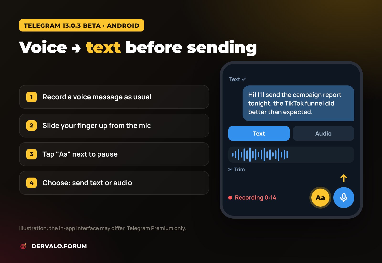 How to turn a Telegram voice message into text before sending: slide up from the mic, tap Aa, choose text or audio