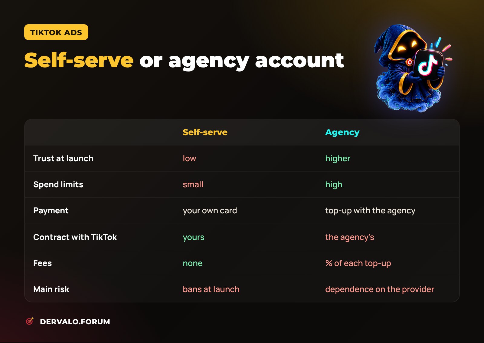 Self-serve vs agency TikTok Ads account: trust, limits, payment, contract, fees and risks