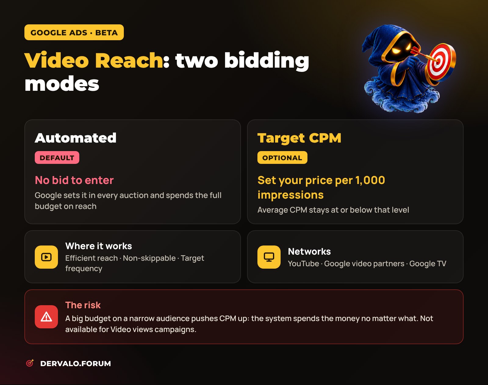 Two bidding modes in Google Ads Video Reach: automated bidding and Target CPM, supported campaign subtypes, networks and risks