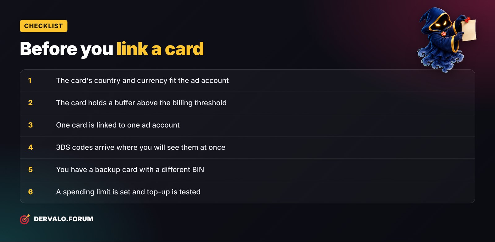 Checklist before linking a virtual card to an ad account