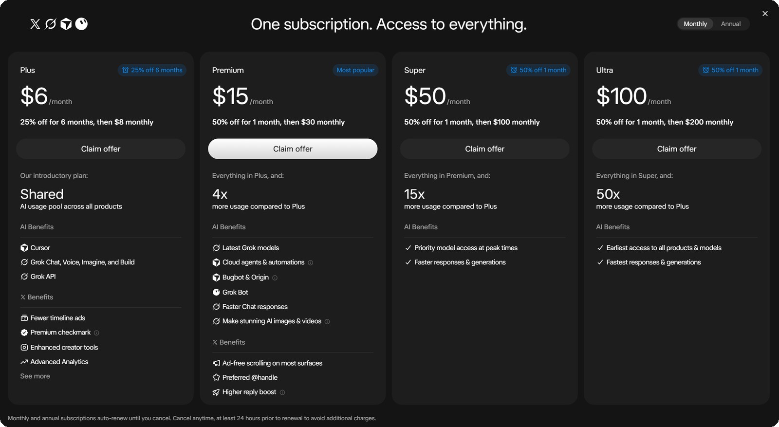The X Subscription plans: Plus, Premium, Super and Ultra with prices and launch discounts